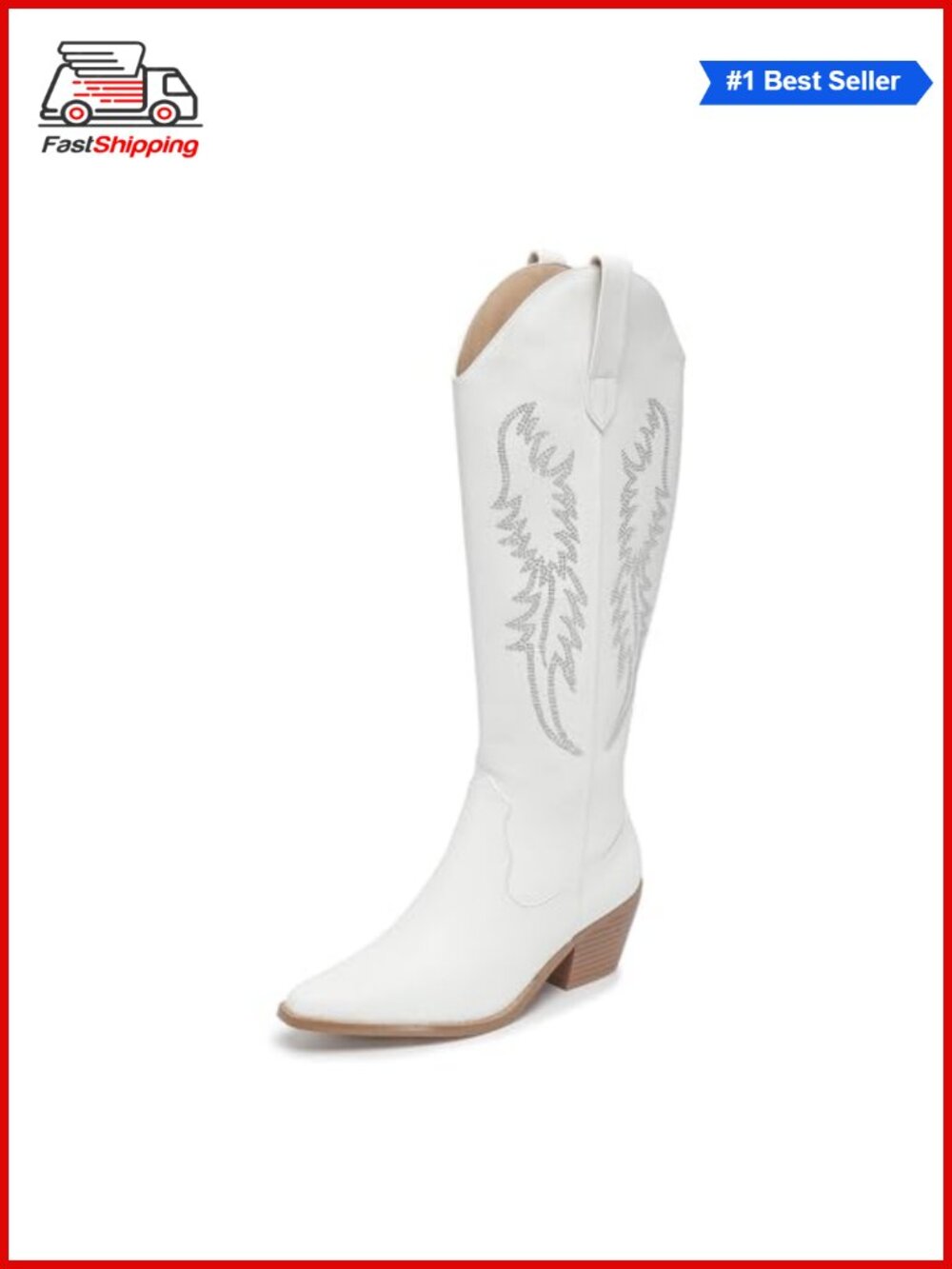 ✨Amoji Women's Pointed Toe Knee-High Western Cowboy Boots Pull On Zipper
